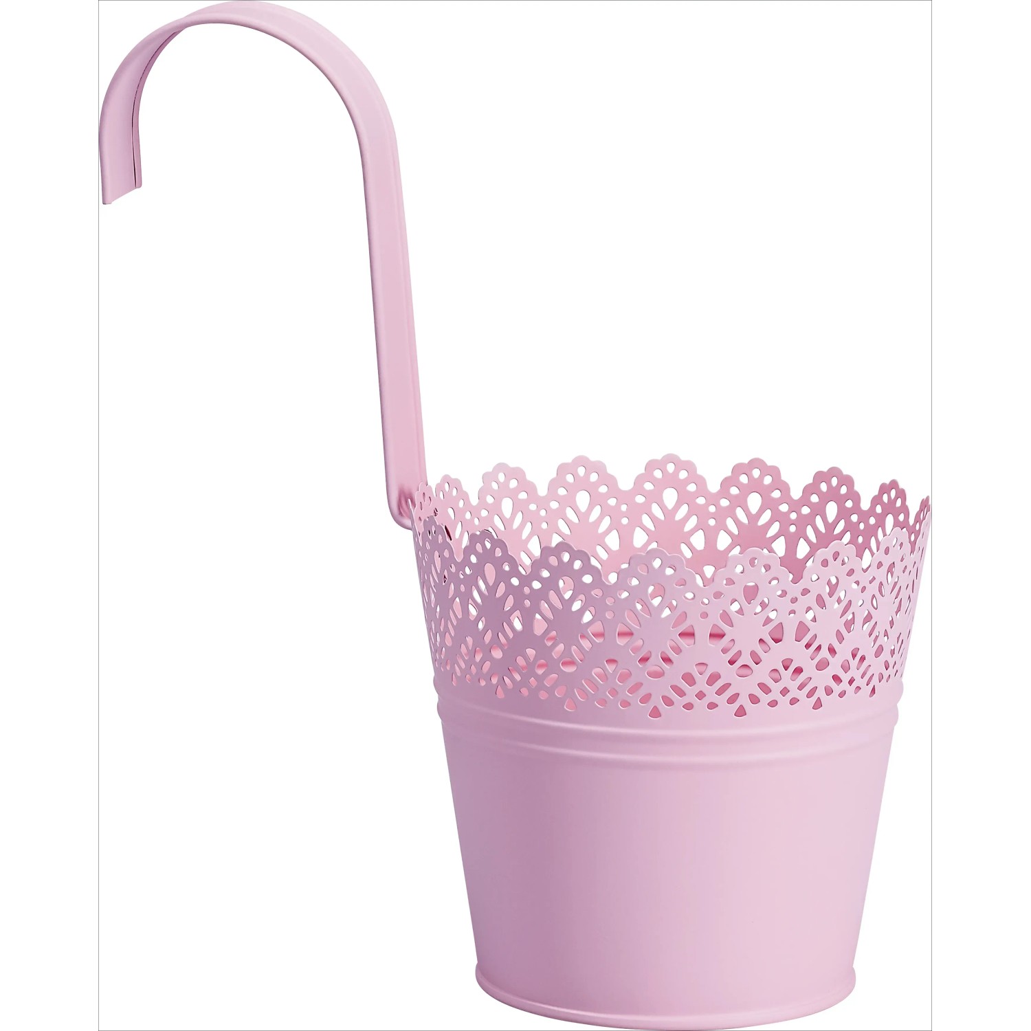 Hänge-Übertopf in Rosa mit Lochmuster zum Aufhängen am Balkon.