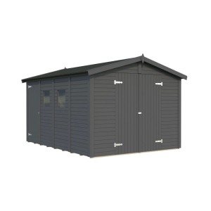 Palmako Gerätehaus Dan, 273x370 cm, dunkelgrau lackiert, mit Doppeltür und Fenster.