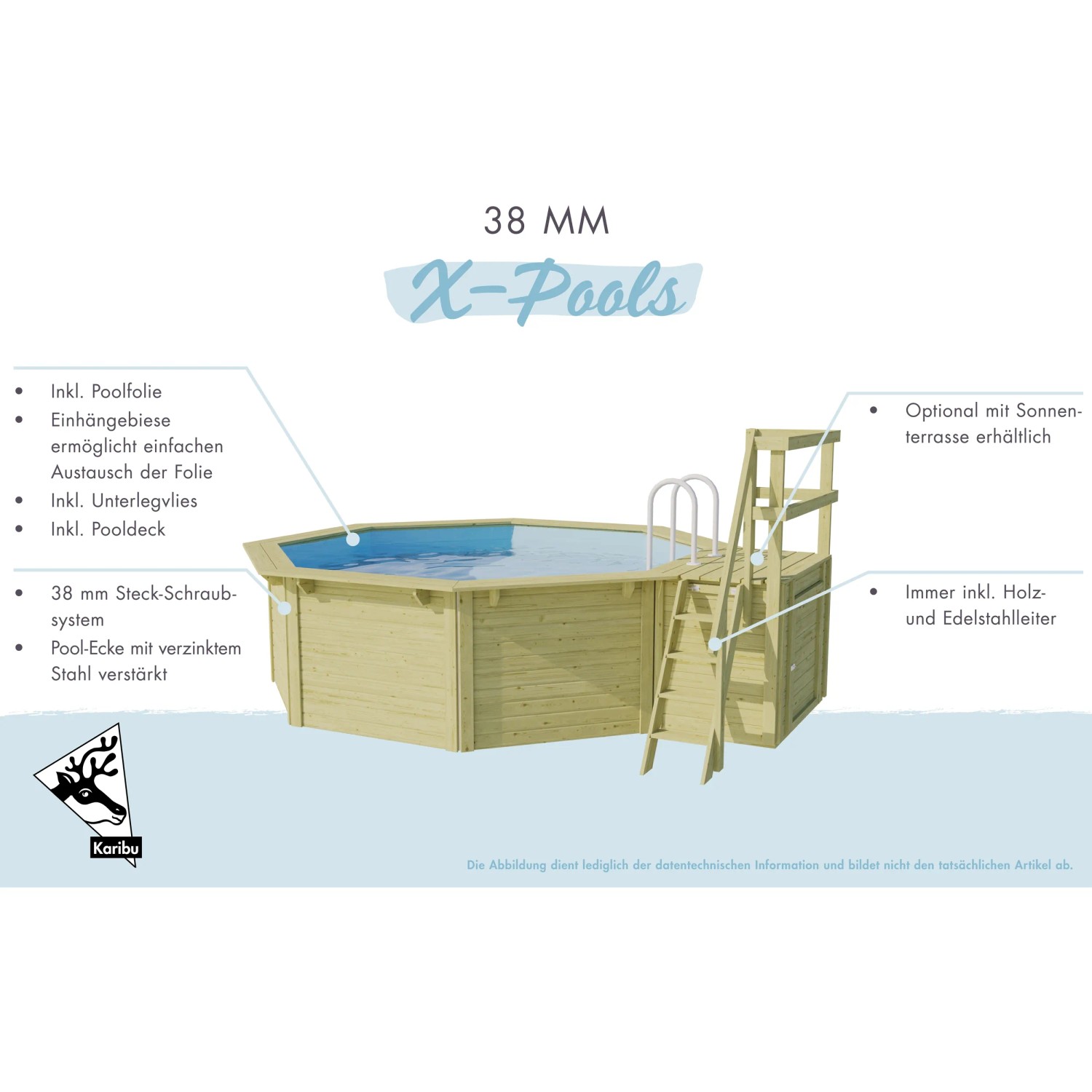 Karibu Holzpool Set mit Leiter und optionaler Sonnenterrasse. Pool mit blauem Wasser und Holzverkleidung.