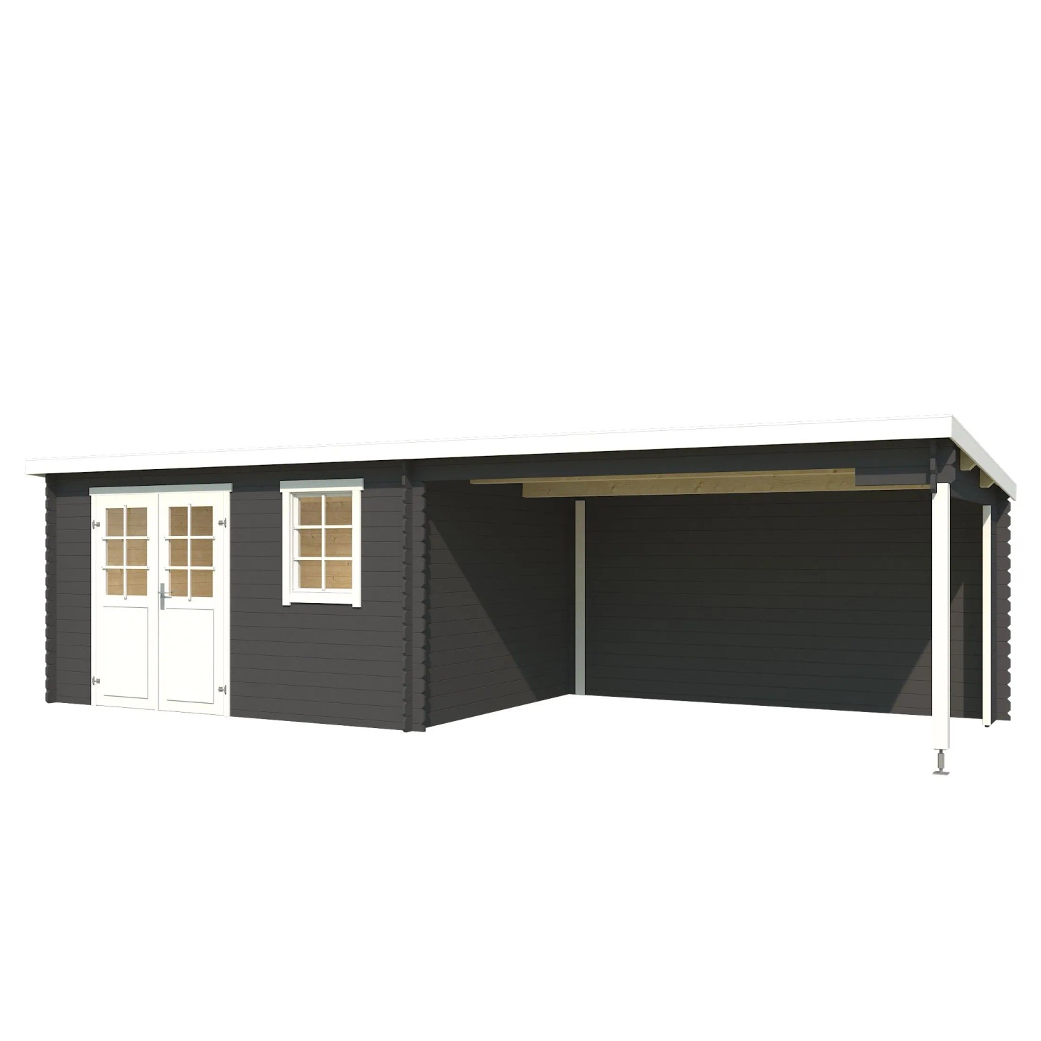 Carbongraues Lasita Gartenhaus Reno mit Anbau, 760x275 cm. Holz-Gartenhaus mit Fenster und Doppeltür.