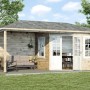 Alpholz Gartenhaus Freiburg-44 aus Holz mit Doppeltür und überdachter Terrasse.