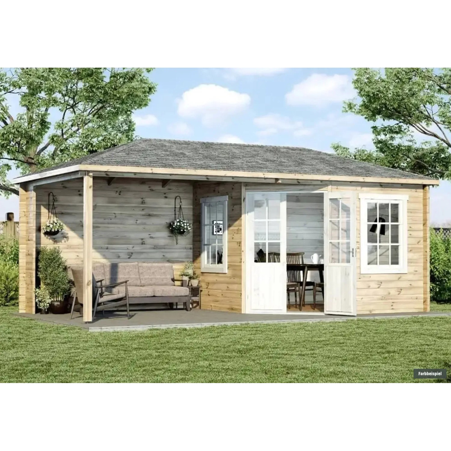 Alpholz Gartenhaus Freiburg-44 aus Holz mit Doppeltür und überdachter Terrasse.