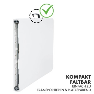 Zusammengeklappter, weißer KARAT Klapptisch Akita mit Tragegriff. Kompakter Gartentisch, wetterfest.
