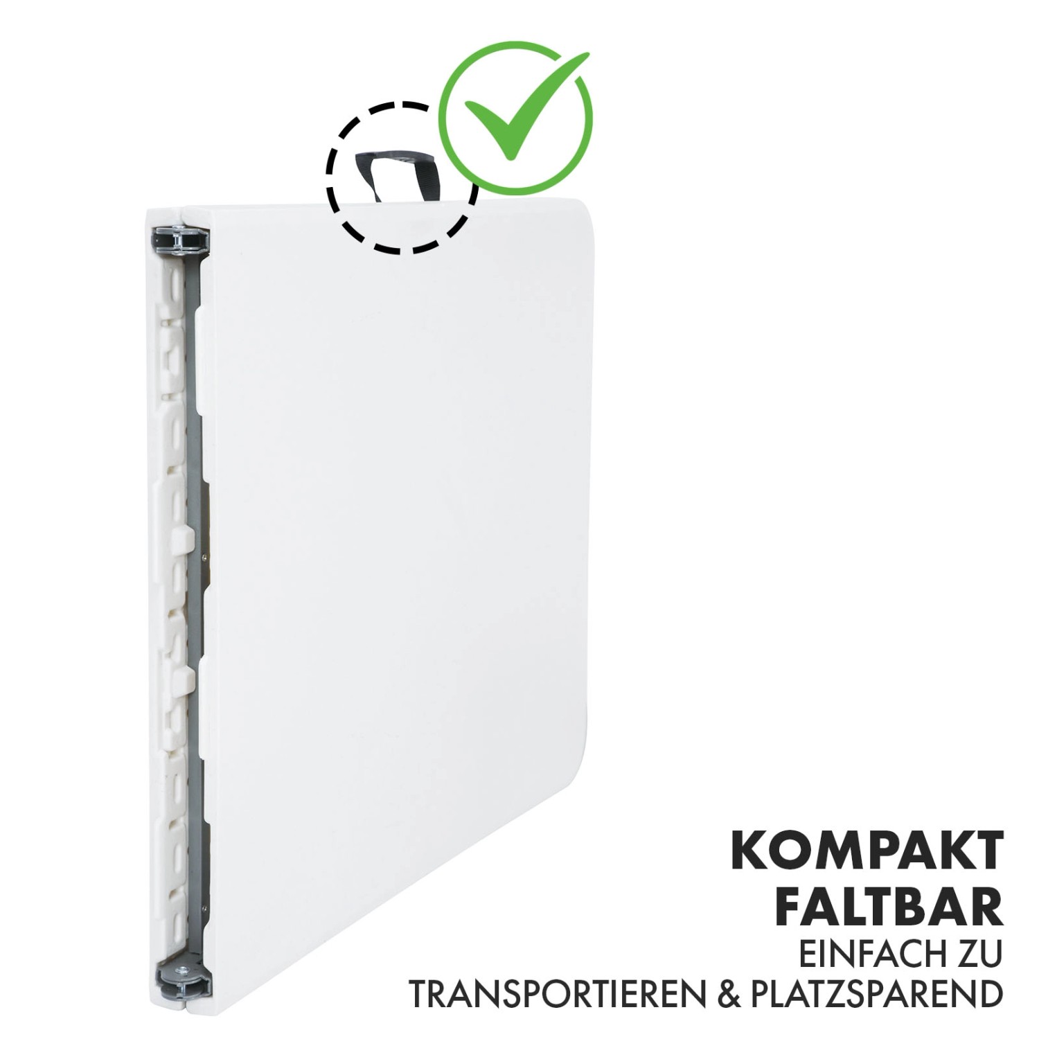 Zusammengeklappter, weißer KARAT Klapptisch Akita mit Tragegriff. Kompakter Gartentisch, wetterfest.