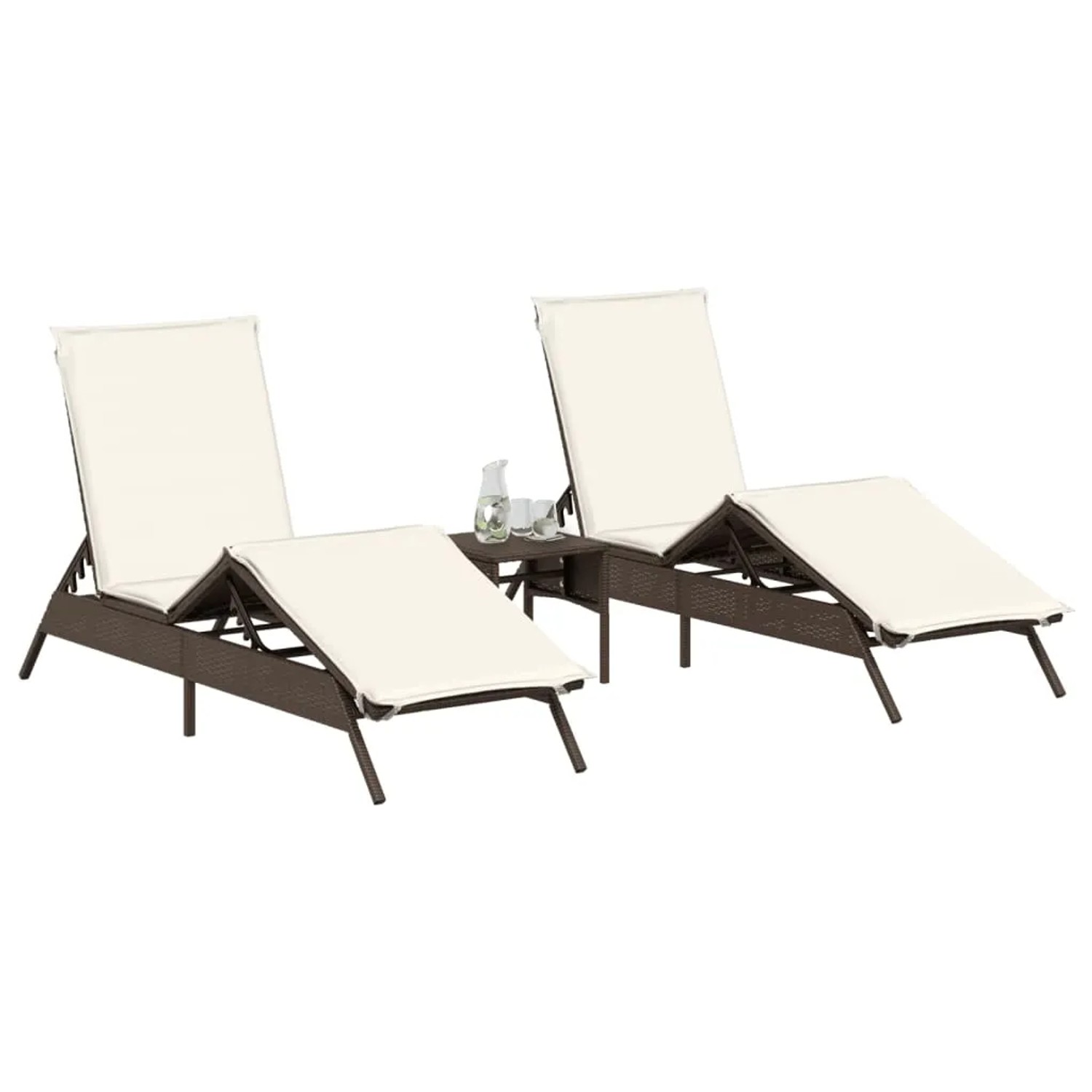 Braune vidaXL Sonnenliegen (2 Stk.) aus Poly Rattan mit cremeweißen Auflagen.