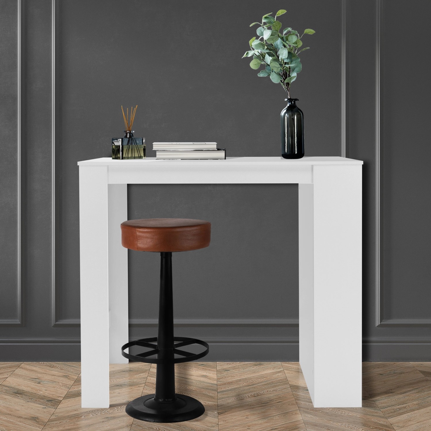 Weißer ML-Design Bartisch mit Regal und Barhocker, ideal für Wohnzimmer und Küche.