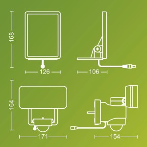 Technische Zeichnung der Philips Solar-Wandleuchte Tylus, Abmessungen in mm.