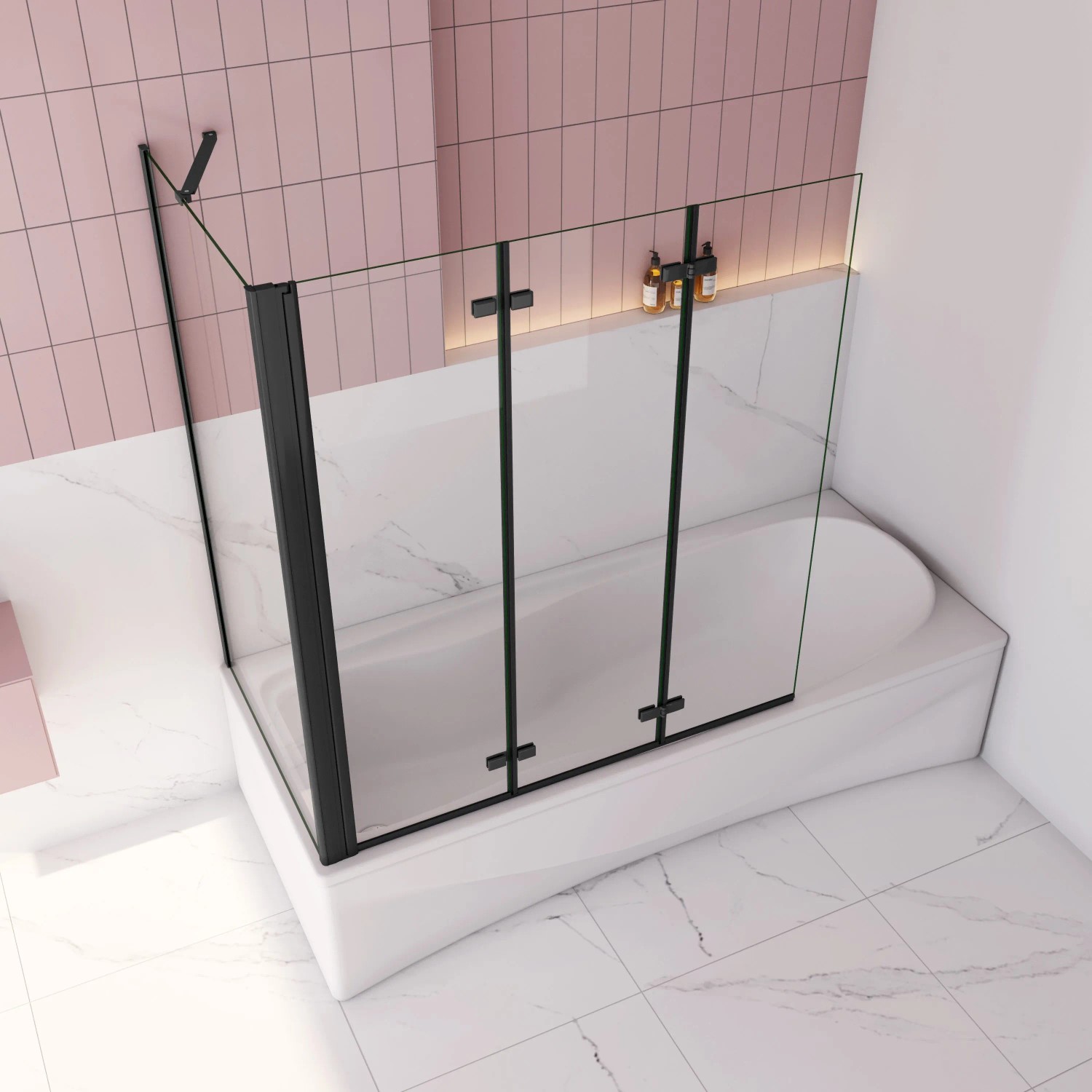 AICA Badewanneaufsatz 130x140cm, 3-teilige Faltwand mit 75cm Seitewand, 6mm ESG Glas, schwarzer Rahmen.