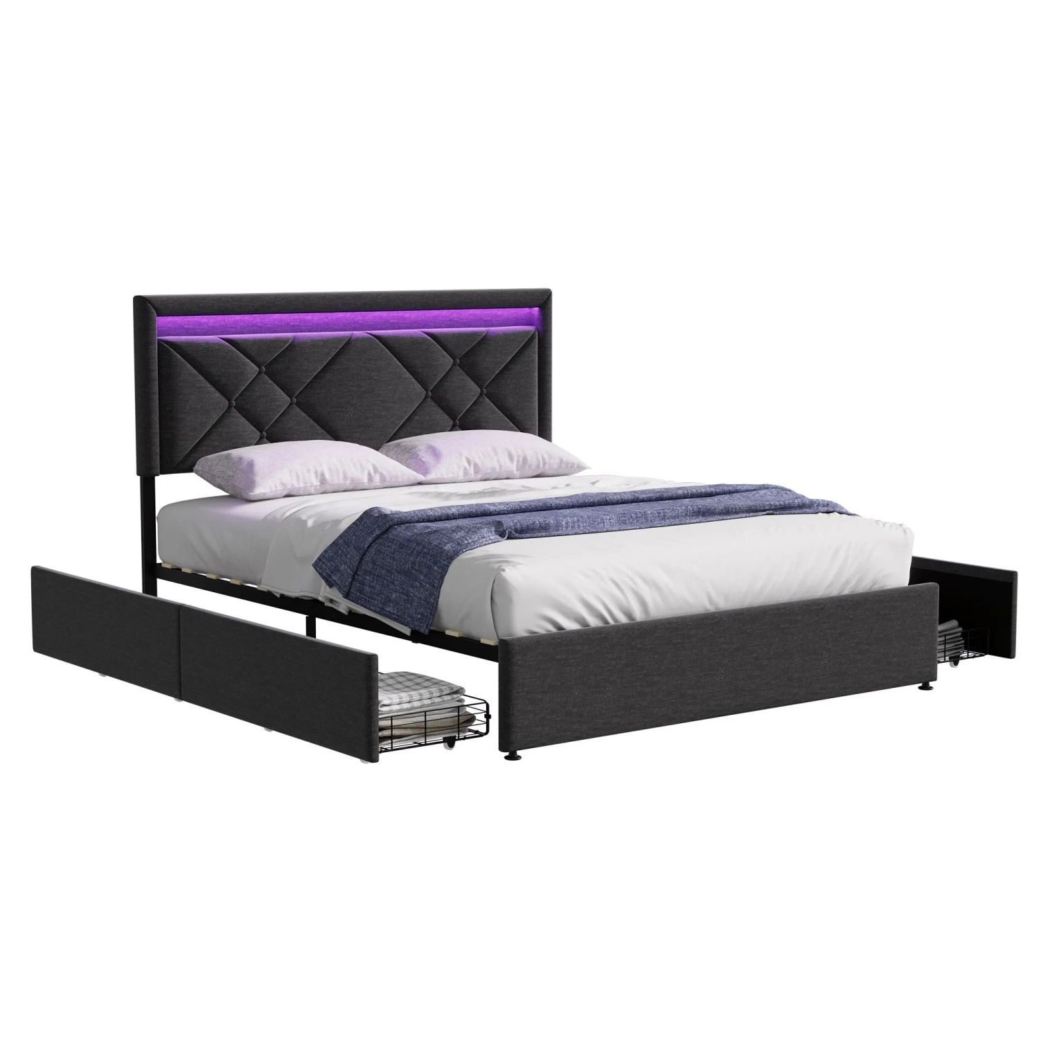 PXloue Stauraumbett Polsterbett 160x200cm mit  Schubladen  LED-Beleuchtung