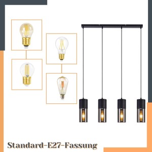 Schwarze 4-flammige NETTLIFE Esstisch-Pendelleuchte mit zylindrischen Glasschirmen und E27-Fassung. Verschiedene LED-Birnen.