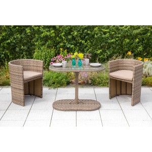 Merxx Ancona Gartenmöbel-Set, 3-teilig: Tisch mit Glasplatte und zwei Sessel aus Kunststoffgeflecht.