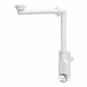 Weißer Lira SPA Raumsparsiphon Extra Slim für Waschtisch mit Reinigungsöffnung, 32/40 mm. Platzsparend für Badmöbel.