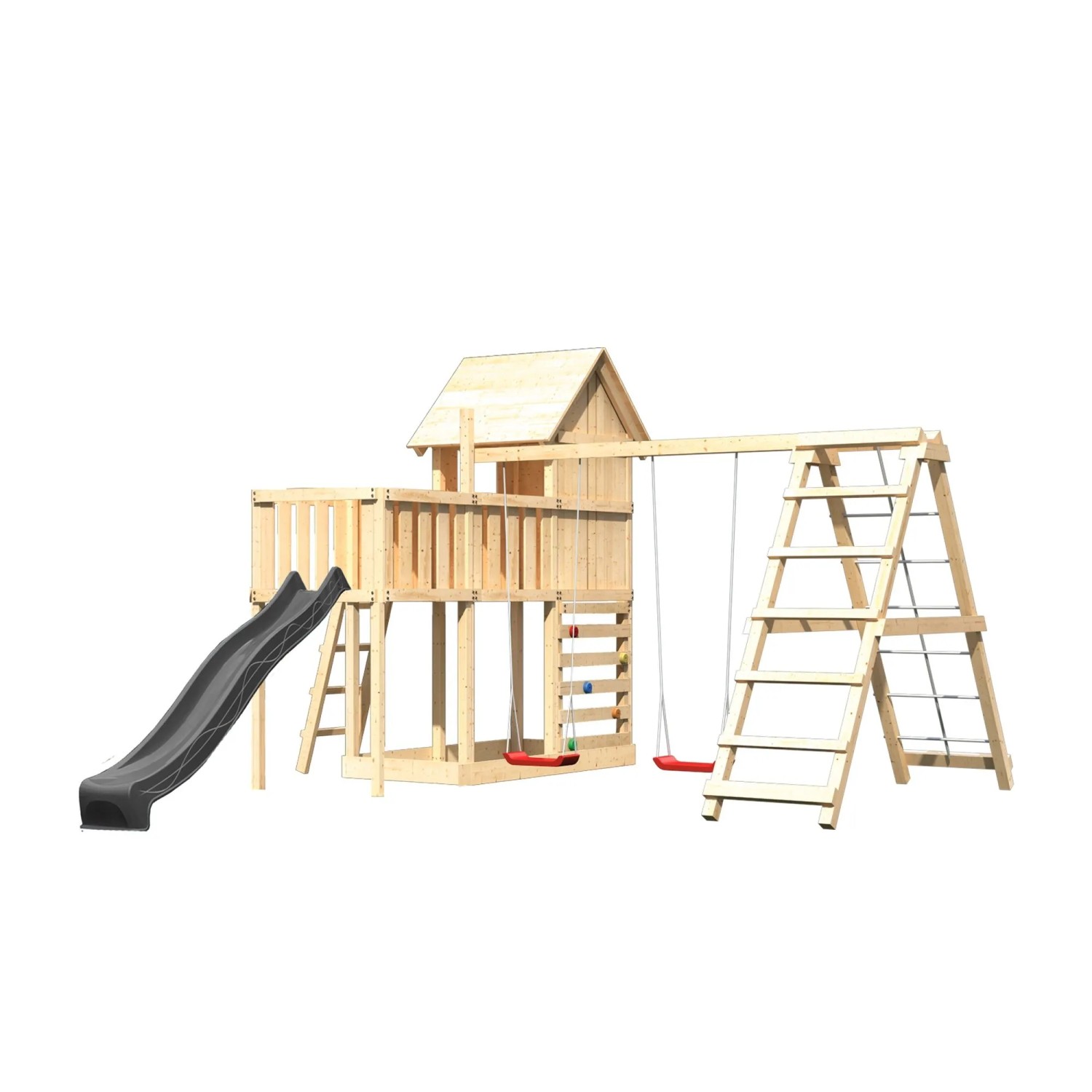 Karibu Spielhaus Frieda mit Rutsche Schaukel Gerüst Plattform u. Kletterwand