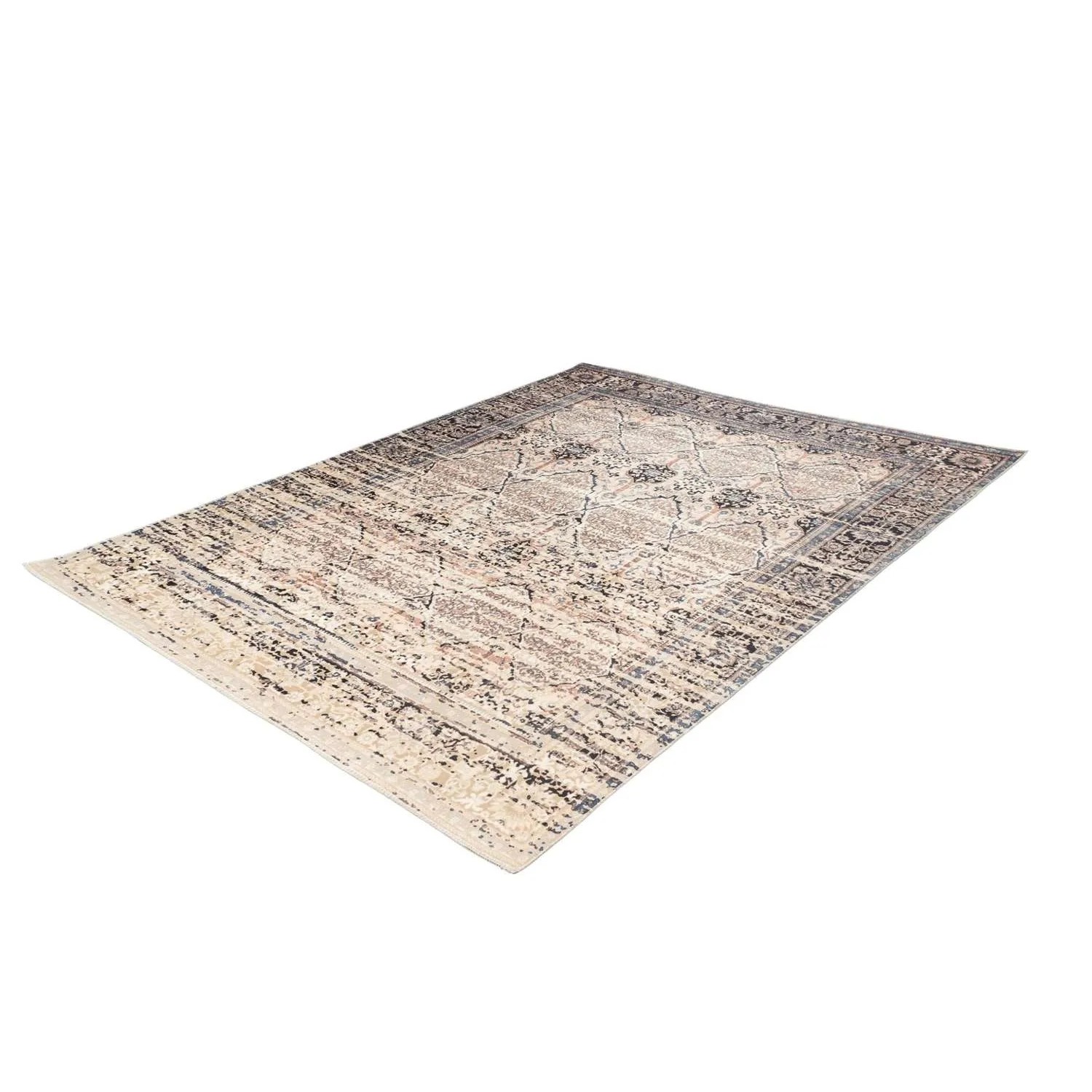 Beige-blauer Vintage Teppich (200x290 cm) mit orientalischem Muster. Dekorativer Flachflor-Teppich im Used-Look.