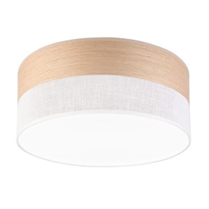Lamkur LED-Deckenleuchte Dafne, Ø 35cm, Furnier/Weiß. Runde Deckenlampe mit Holz und Stoff.