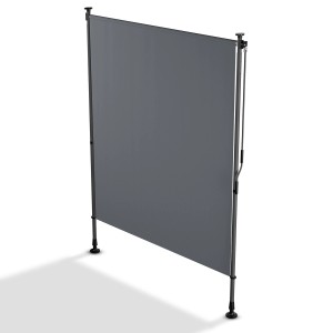 Graue Juskys Senkrechtmarkise Barbados 150x310 cm als Sonnen- und Sichtschutz für Balkon und Terrasse.