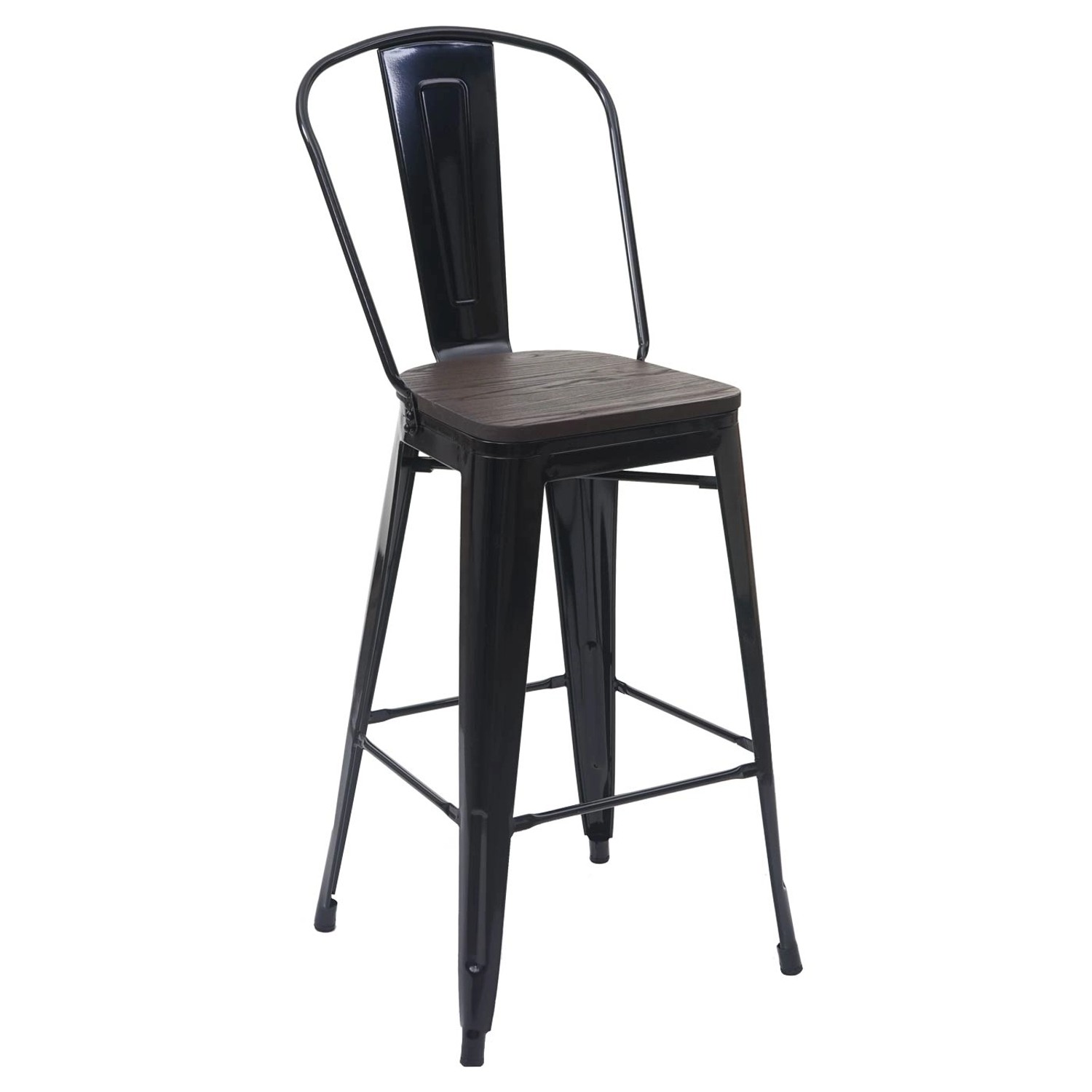 MCW Stehtisch-Set: Barhocker mit Holz-Sitzfläche und schwarzem Metallgestell.