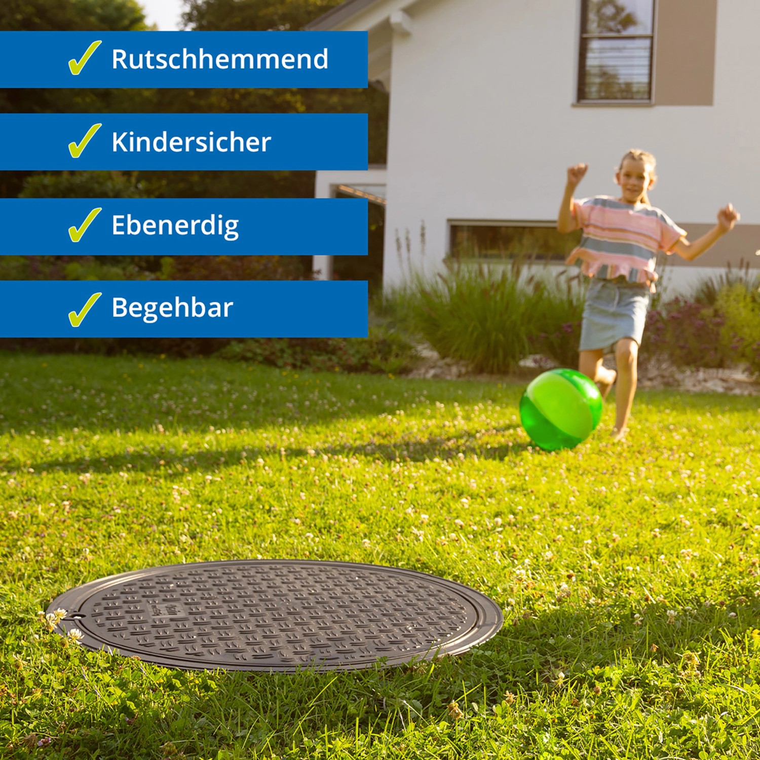 4rain Flachtank Flat S 1500 l im Garten: Kindersichere, ebenerdige Tankabdeckung im Rasen.