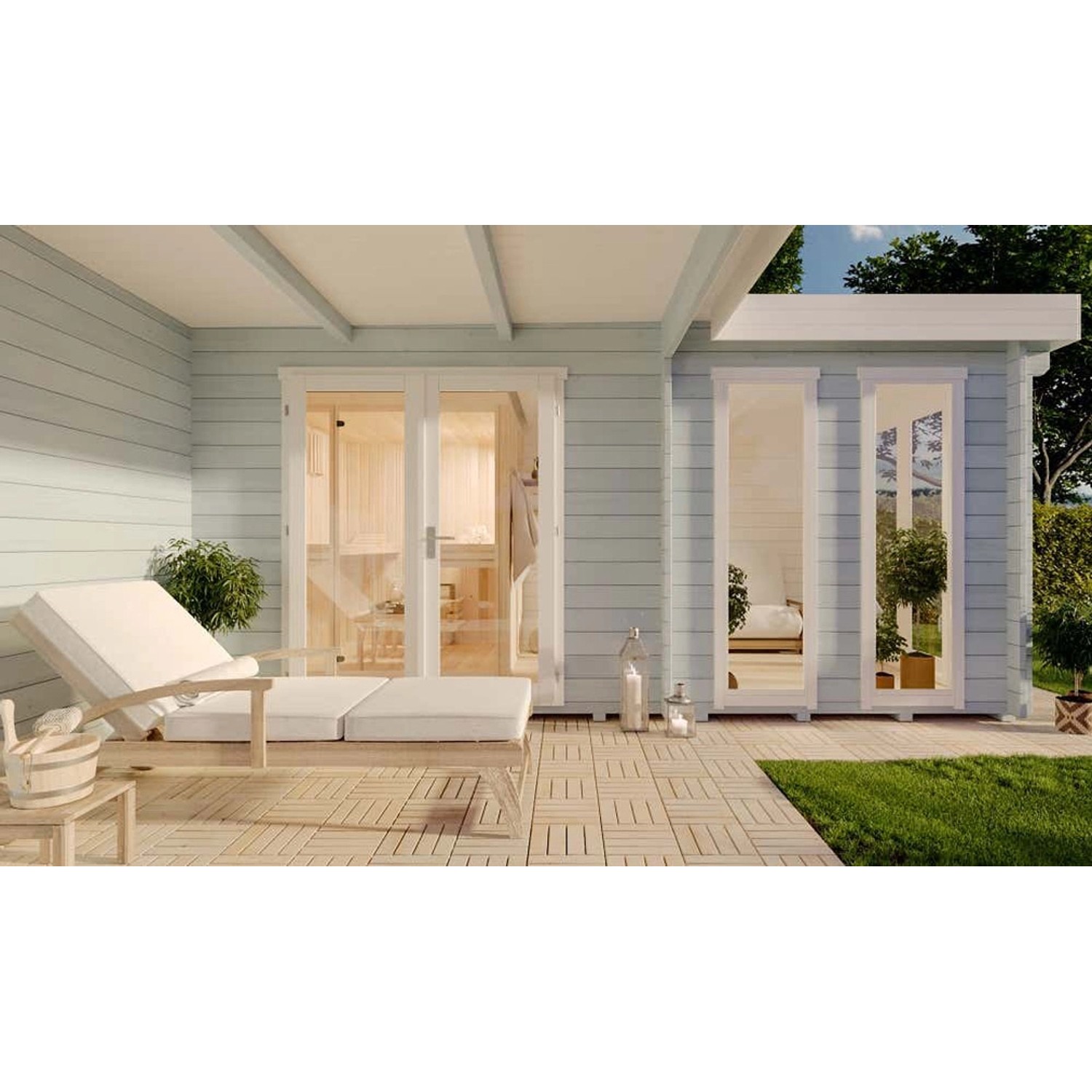 Finntherm Gartensauna Quinta ISO, naturbelassen, mit Liege und Außenbereich. Holzsauna für den Garten.