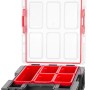 Offener, schwarzer PROREGAL QBRICK Sortimentskasten mit roten Fächern und transparentem Deckel.