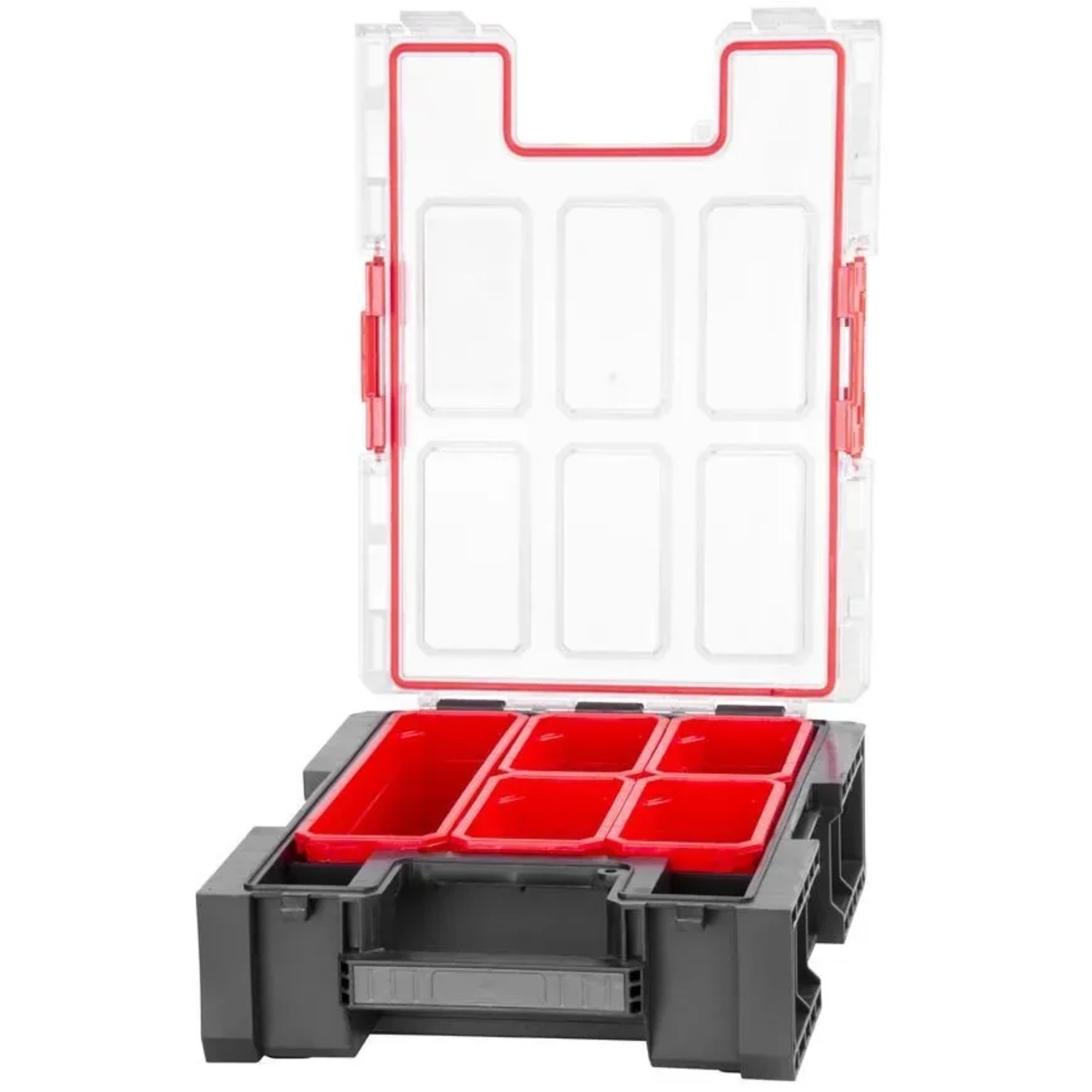 Offener, schwarzer PROREGAL QBRICK Sortimentskasten mit roten Fächern und transparentem Deckel.