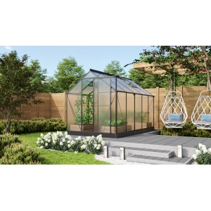 Vitavia Gewächshaus Triton 6200, schwarzer Rahmen, Hohlkammerplatten, im Garten.