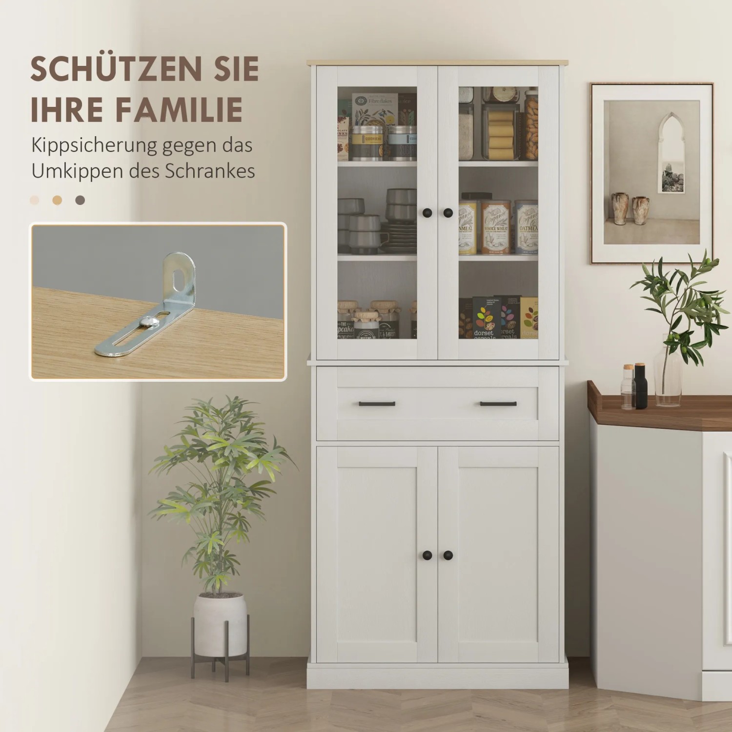 Cremeweißer HOMCOM Küchenschrank aus MDF mit Glasvitrine und Schublade.