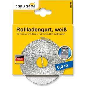 Verpackung eines weißen Schellenberg Rollladengurts Maxi, 23 mm breit und 6 m lang.