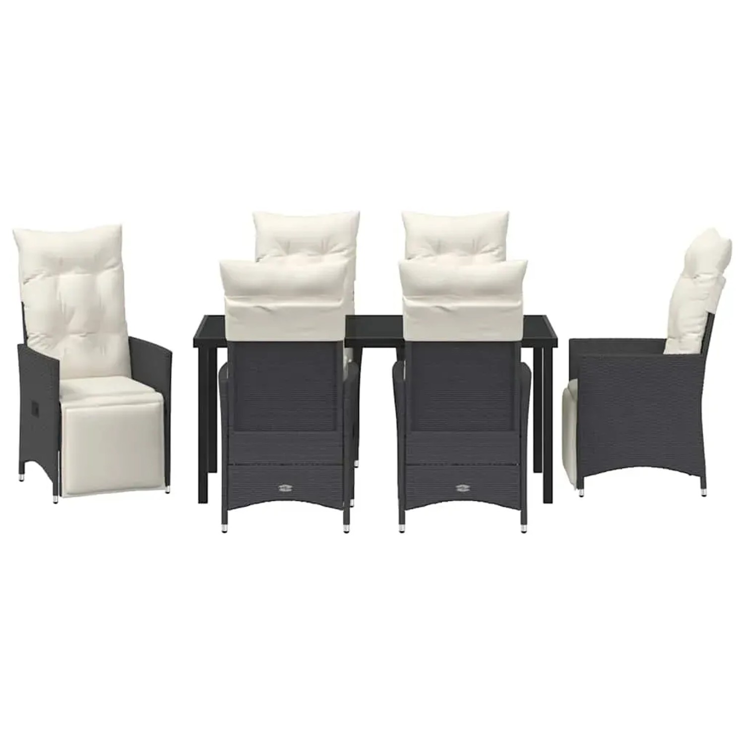 Schwarze 7-teilige vidaXL Garten Essgruppe aus Polyrattan mit Tisch und Stühlen mit Kissen.