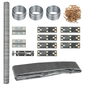 Zubehör für vidaXL Hühnergehege: Drahtrolle, Dachplane, Schrauben, Scharniere und Metallverbinder.