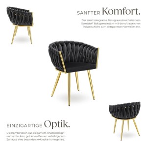 2er Set Tectake Esszimmerstühle Astano, schwarz mit goldenen Beinen und Samtbezug.