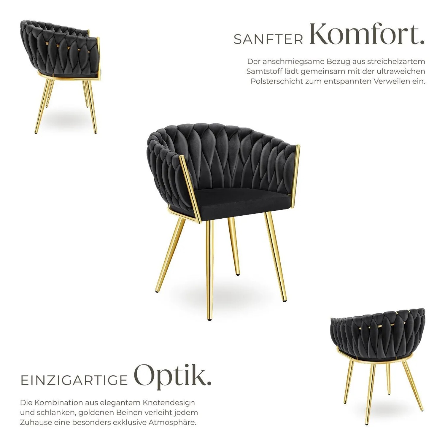 2er Set Tectake Esszimmerstühle Astano, schwarz mit goldenen Beinen und Samtbezug.