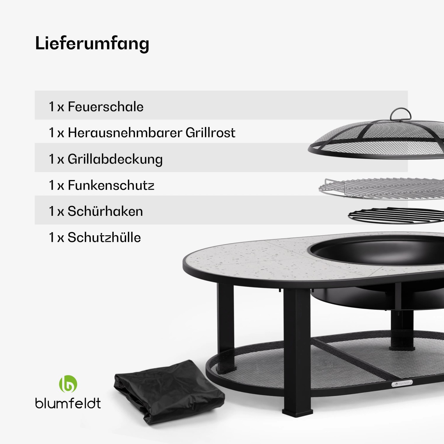 Lieferumfang der Blumfeldt Merano Circolo L Feuerschale: Schale, Grillrost, Abdeckung, Funkenschutz, Schürhaken, Schutzhülle.