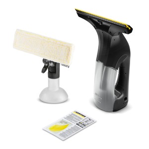 Kärcher Akku-Fensterreiniger WV 1 Black Edition mit Sprühflasche und Reinigungskonzentrat.