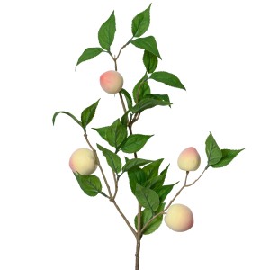 Künstlicher Pfirsichzweig (56 cm) mit grünen Blättern und orangefarbenen Pfirsichen.
