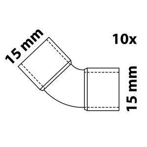 Abbildung eines 45° Kupferbogen Fittings (15mm) für Sanitär- und Heizungsinstallationen, 10er Set.