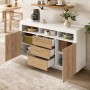 Merax Sideboard Natur Weiß mit 3 Schubladen, 2 Türen und offenen Fächern für flexiblen Stauraum im Wohnzimmer.