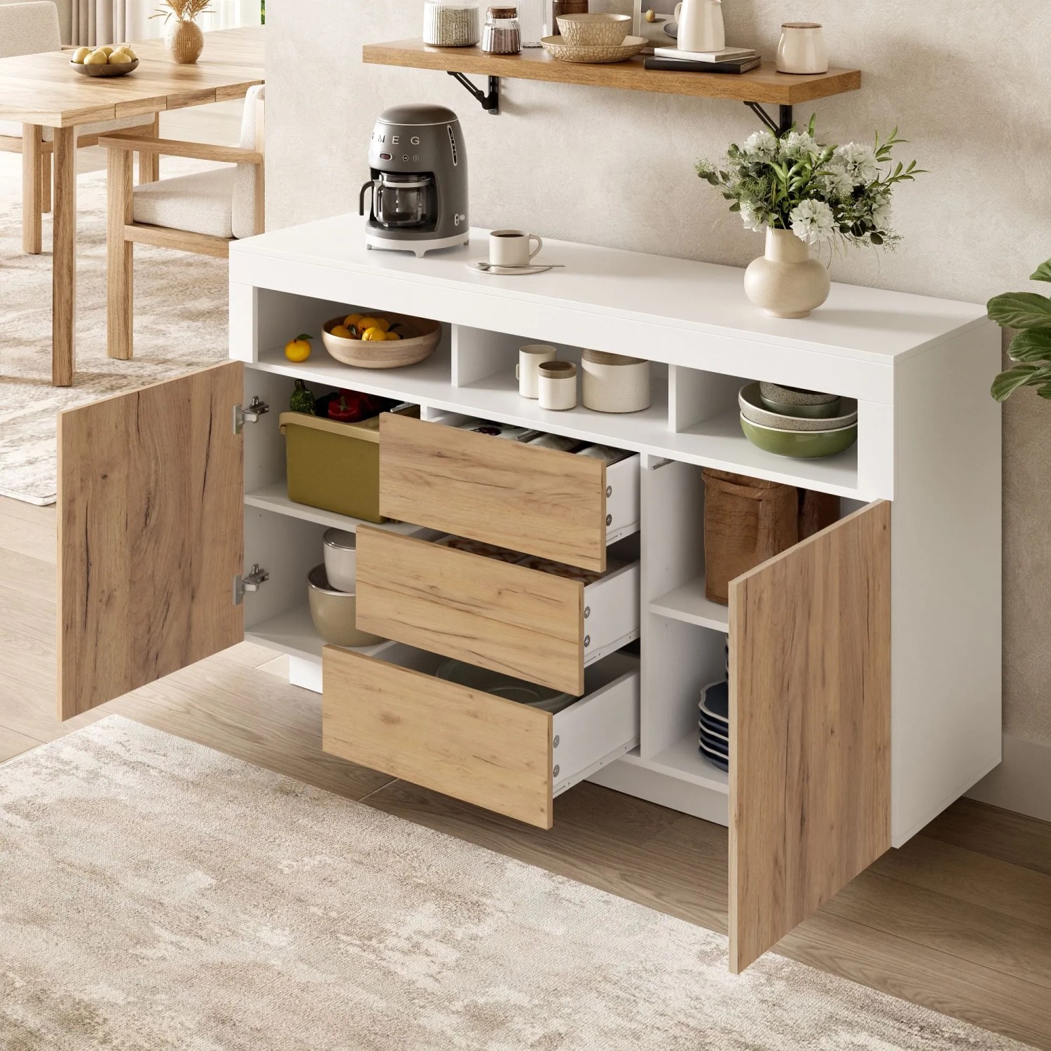 Merax Sideboard Natur Weiß mit 3 Schubladen, 2 Türen und offenen Fächern für flexiblen Stauraum im Wohnzimmer.