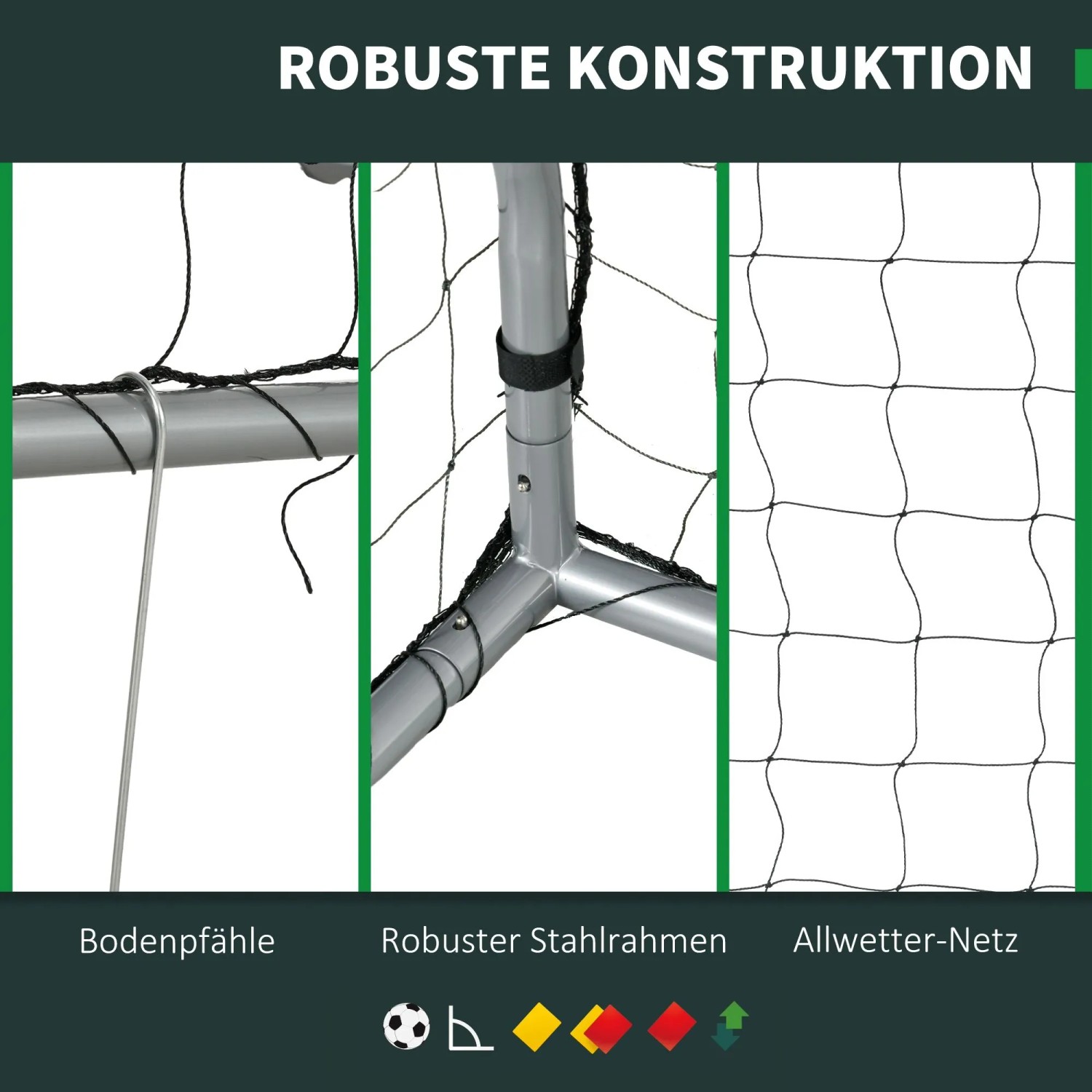 Nahaufnahme: Fußballtor-Details mit robustem Stahlrahmen, schwarzem Netz und Bodenpfählen für Stabilität. Ideal für Fußballtraining.