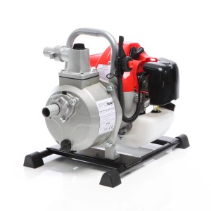 Kompakte Xpotool Benzin Wasserpumpe mit rotem 2-Takt-Motor, silbernem Pumpengehäuse und schwarzem Standfuß für Garten.