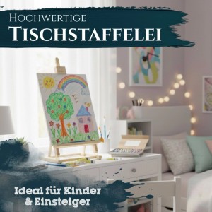 Artina Sydney Tischstaffelei aus hellem Kiefernholz mit bunter Kinderzeichnung auf Leinwand, auf weißem Schreibtisch im Kinderzimmer.