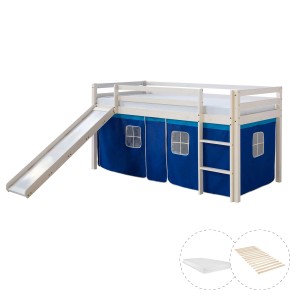 Homestyle4u Hochbett 90x200 mit Vorhang Lattenrost Matratze Rutsche in Weiß 2570