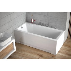 Weiße rechteckige KOLMAN Badewanne 150x70 cm aus Acryl mit Ablauf und Füßen in modernem Badezimmer. Ideal für Entspannung.