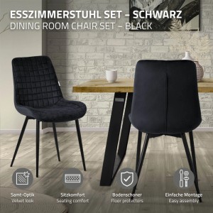 Schwarze ML-Design Esszimmerstühle im 6er Set aus Samt mit gesteppter Rückenlehne und schwarzen Stahlbeinen.