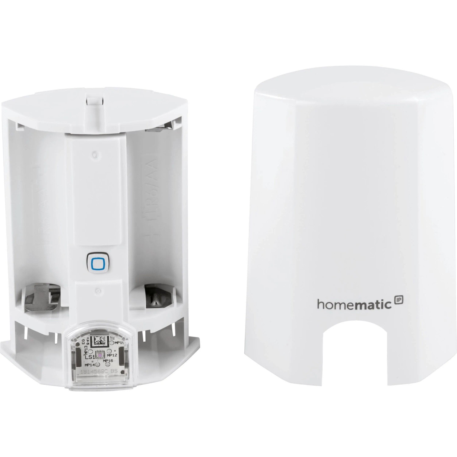 Weißer Homematic IP Lichtsensor außen, zerlegt in Gehäuse mit Batteriefächern und Abdeckung mit Logo.