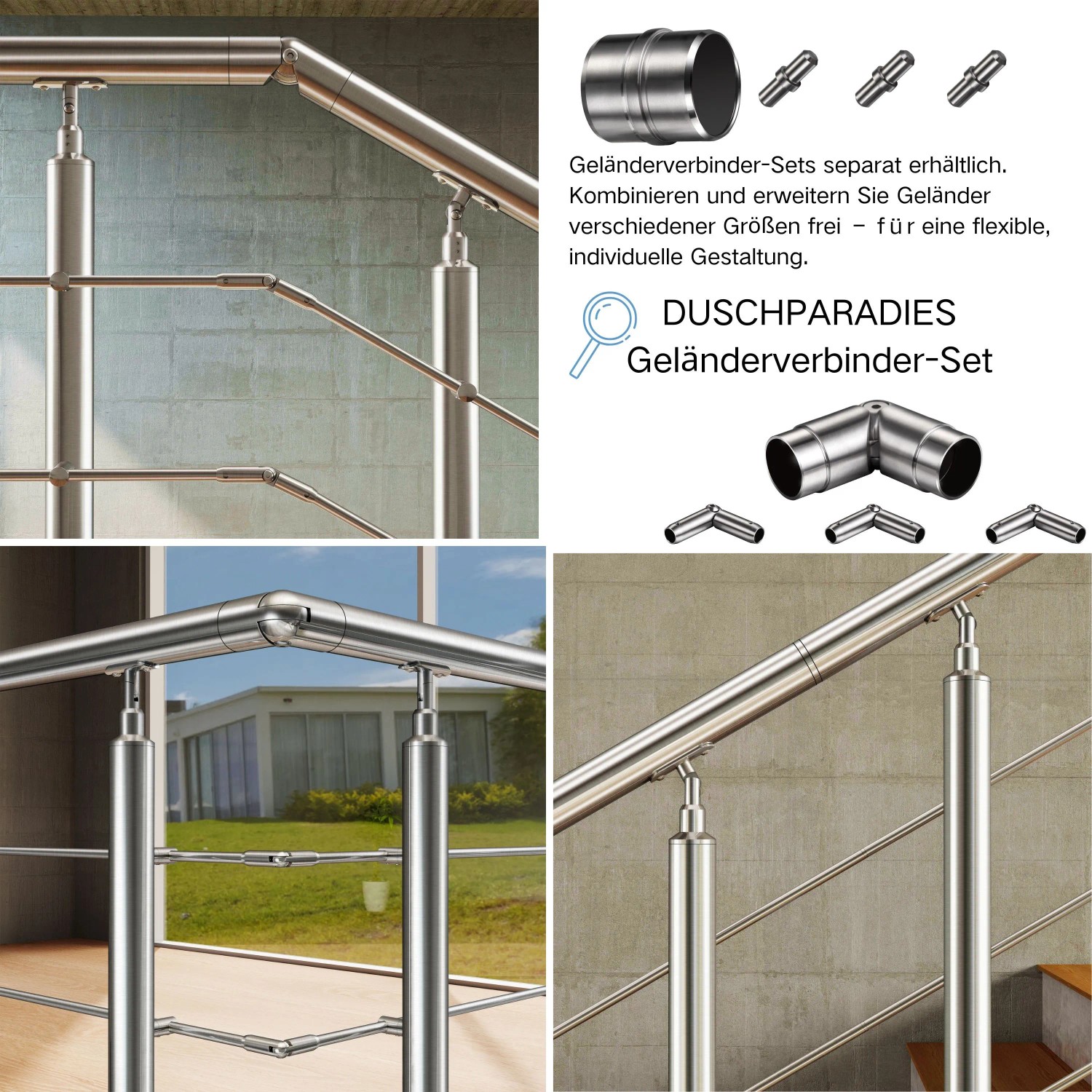 Edelstahl Geländer Komplettset mit 3 Querstäben, seitlich montiert an Treppe & Ecke. Flexible Verbinder sichtbar.