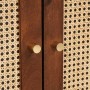 Detailaufnahme: Brauner Waschbeckenunterschrank mit zwei Türen und goldenen Griffen.