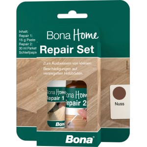 Bona Home Repair Set Nuss: Reparaturset für Holzböden mit Paste, Lack, Pinsel und Schleifpapier.