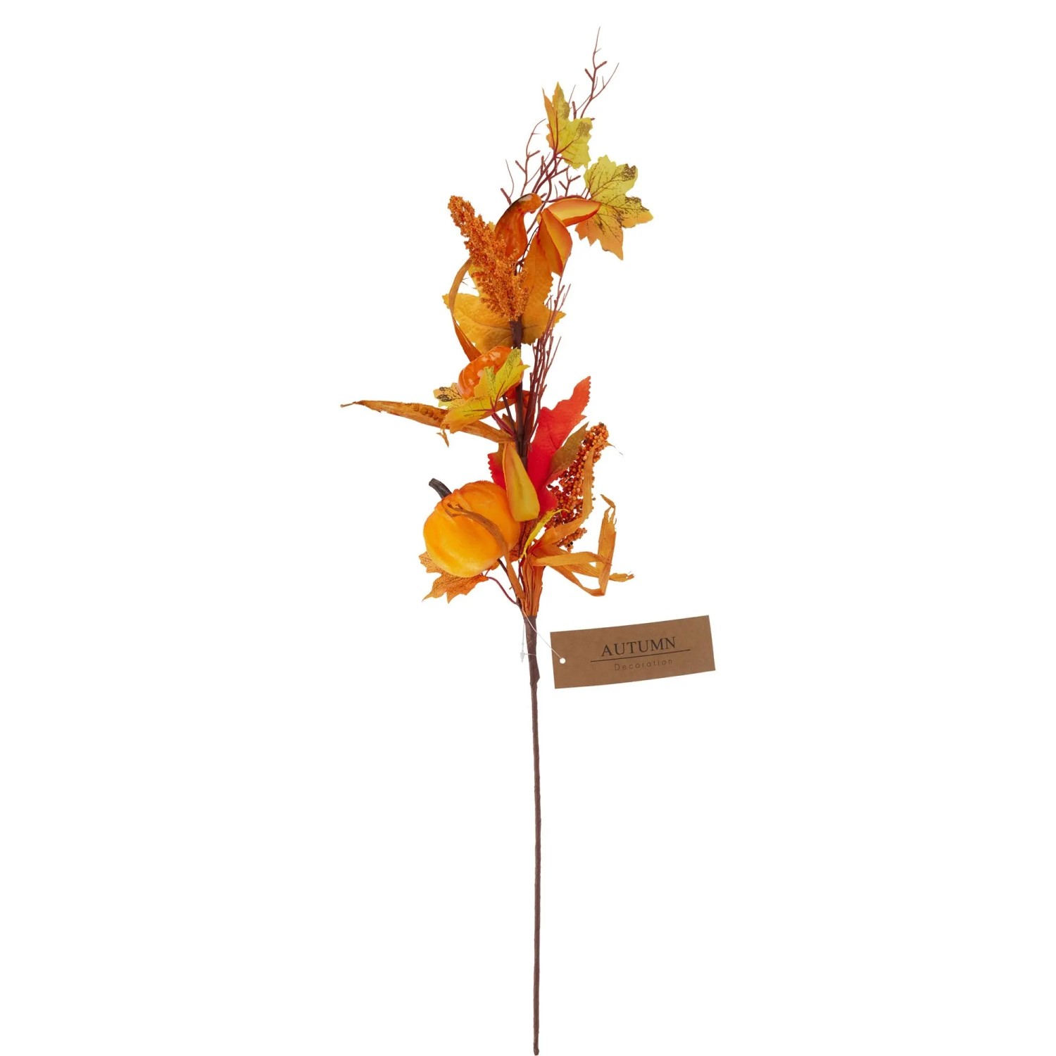 Naturgetreuer Herbstzweig mit Blättern in Orange, Gelb, Rot, kleinem Kürbis und Beeren für Herbstdeko.