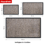 Floordirekt KARAT Schmutzfangmatte, beige meliert, mit schwarzem Rand, in drei Größen dargestellt. Rutschfeste, waschbare Fußmatte.